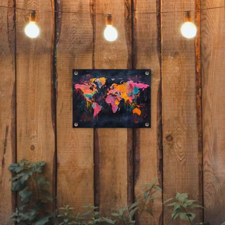Verf - Wereldkaart - Kleur tuinposter los doek klein -sfeer1