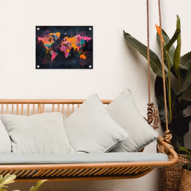 Verf - Wereldkaart - Kleur tuinposter los doek klein -sfeer7