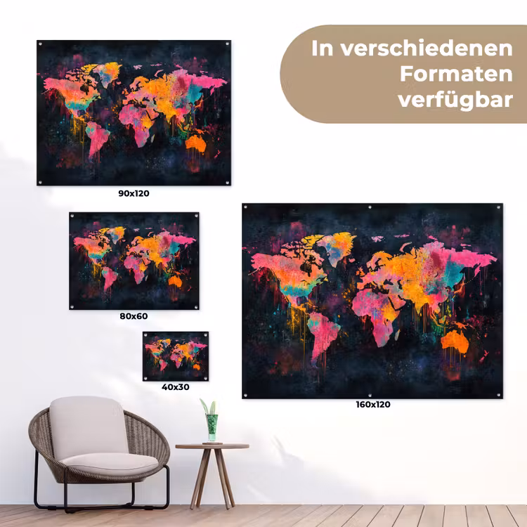 Verf - Wereldkaart - Kleur tuinposter los doek klein -Xsfeer9_DE