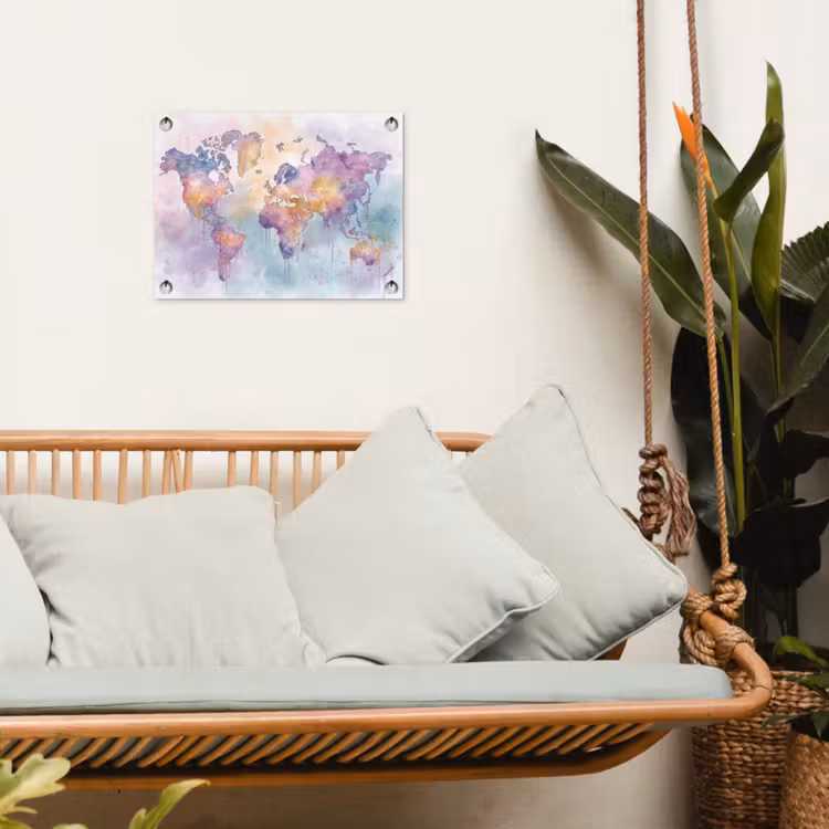 Verf - Wereldkaart - Druppels - Paars tuinposter los doek klein -sfeer7