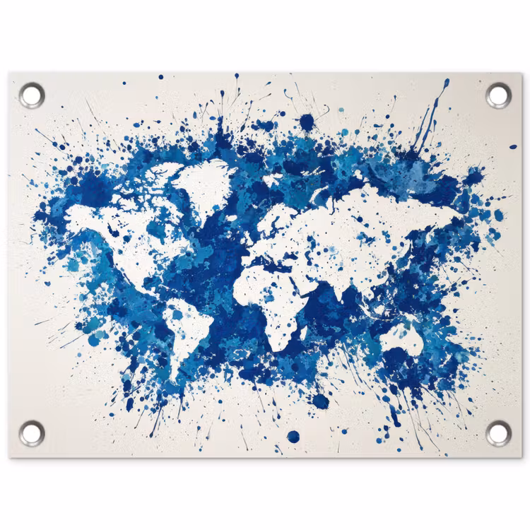 Verfspatten - Blauw - Wereldkaart tuinposter los doek klein -3d