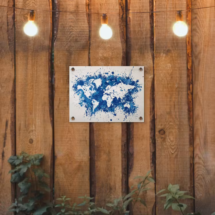 Verfspatten - Blauw - Wereldkaart tuinposter los doek klein -sfeer1