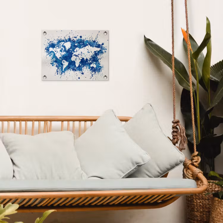 Verfspatten - Blauw - Wereldkaart tuinposter los doek klein -sfeer7