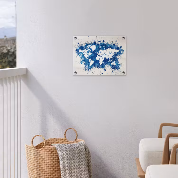 Verfspatten - Blauw - Wereldkaart tuinposter los doek klein -sfeer8