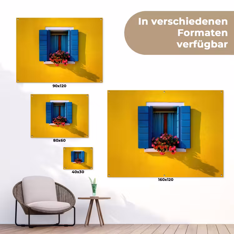 Raam - Bloemen - Gele muur tuinposter los doek klein -Xsfeer9_DE