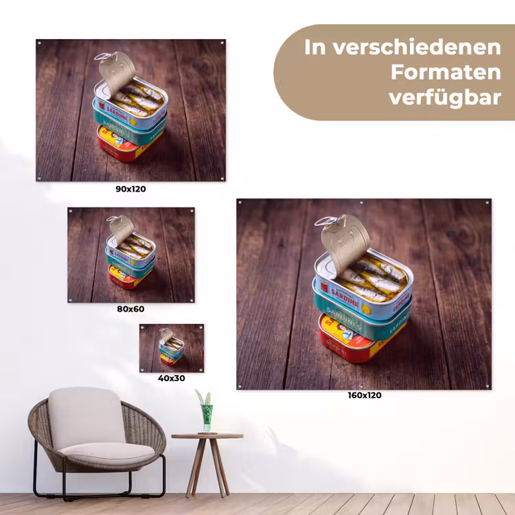 Gartenposter - Fisch – Dosen – Küche - Vis - Blikjes - Keuken tuinposter los doek klein