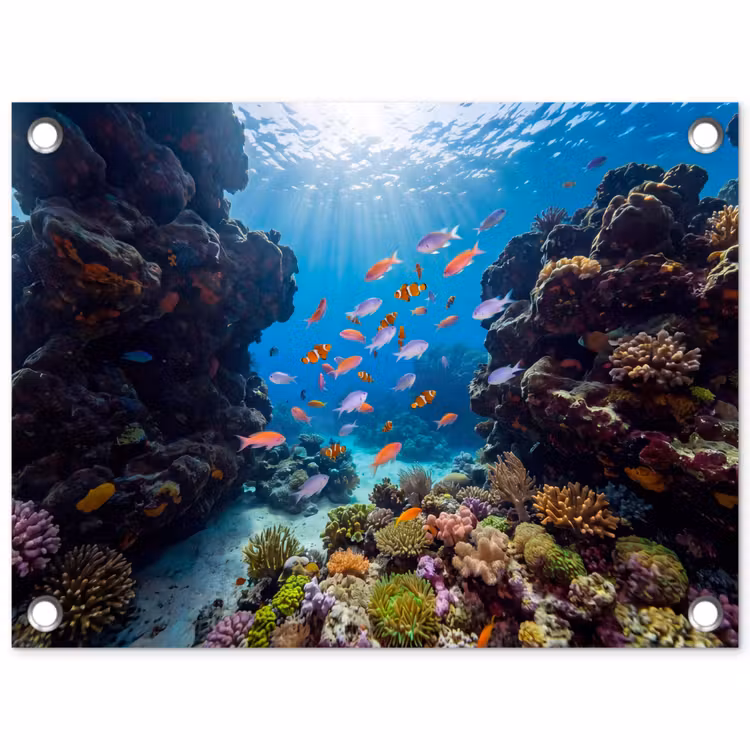 Vis - Koraalrif - Onderwater - Levendig - Blauw tuinposter los doek klein -3d