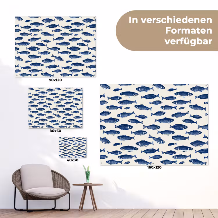 Vissen - Patroon - Blauw - Wit tuinposter los doek klein 239 -Xsfeer9_DE