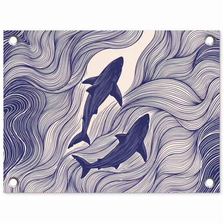 Vis - Oceaan - Lijntekening - Blauw - Dieren tuinposter los doek klein -3d