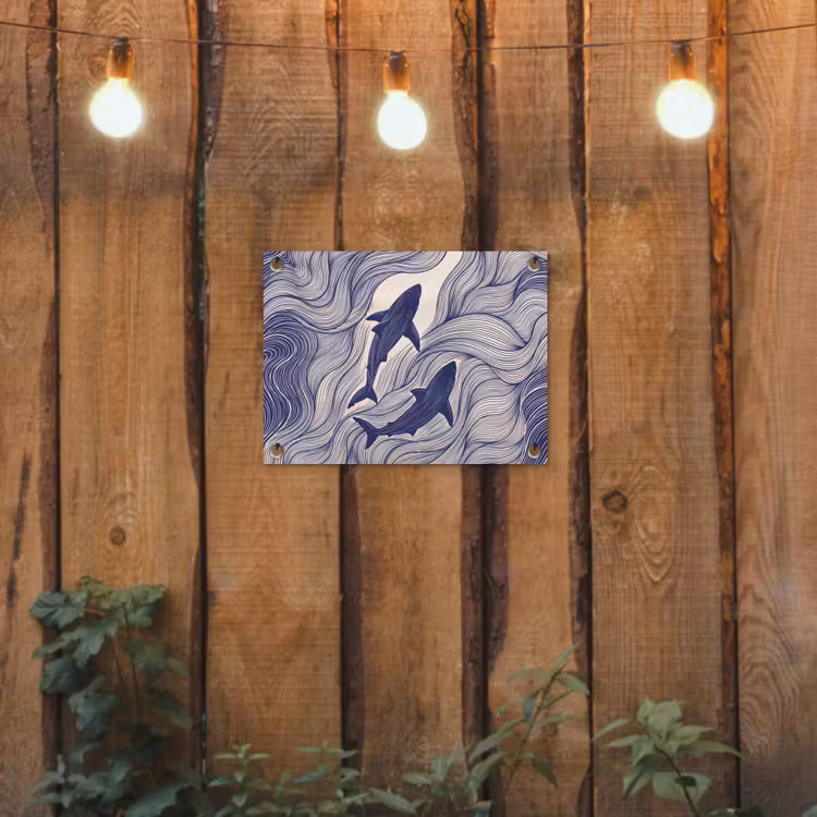 Vis - Oceaan - Lijntekening - Blauw - Dieren tuinposter los doek klein -sfeer1