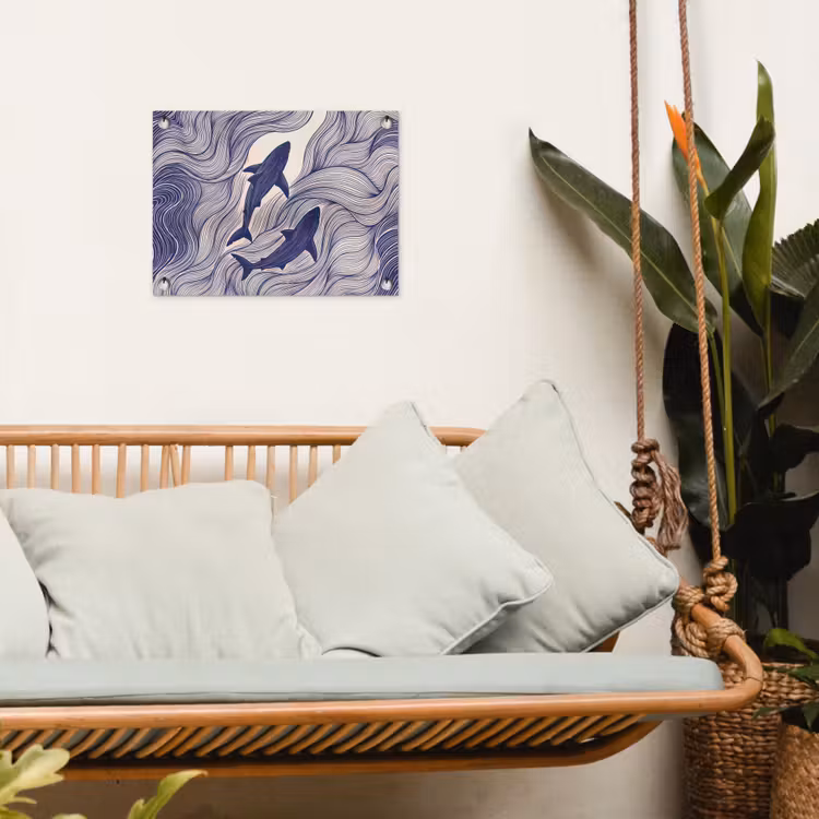 Vis - Oceaan - Lijntekening - Blauw - Dieren tuinposter los doek klein -sfeer7