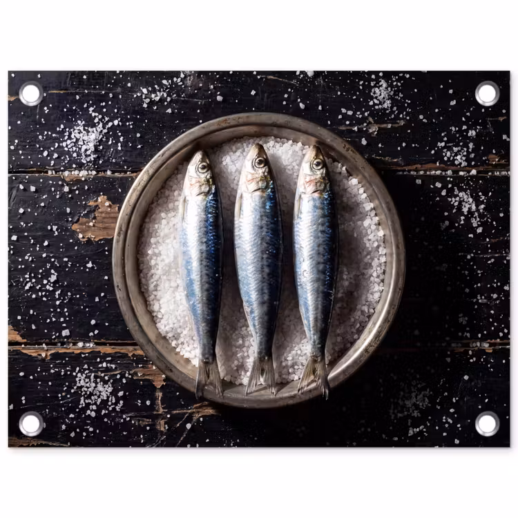 Gartenposter - Fisch – Salz – Essen - Vis - Zout - Eten tuinposter los doek klein