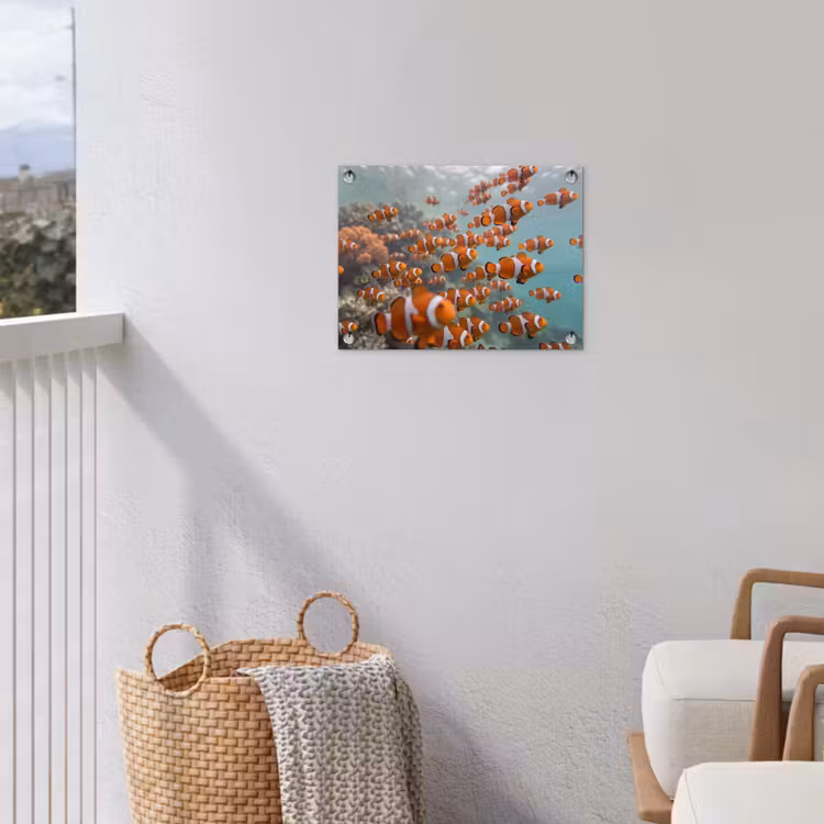Vis - School - Onderwater - Dieren - Oranje tuinposter los doek klein -sfeer8