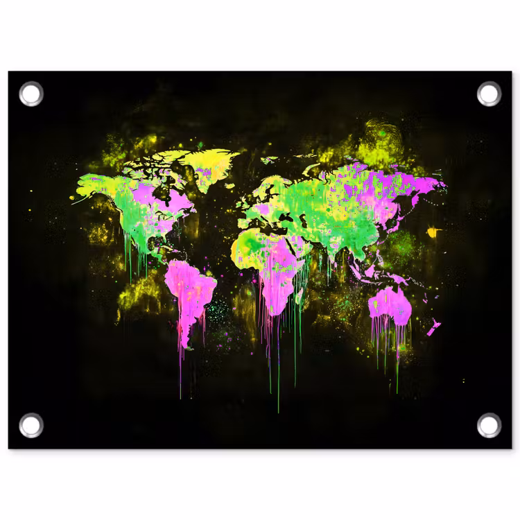 Fluorescerend - Wereldkaart - Druipen - Verf tuinposter los doek klein -3d