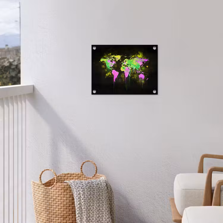 Fluorescerend - Wereldkaart - Druipen - Verf tuinposter los doek klein -sfeer8