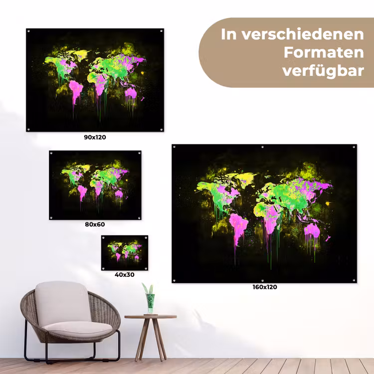 Fluorescerend - Wereldkaart - Druipen - Verf tuinposter los doek klein -Xsfeer9_DE