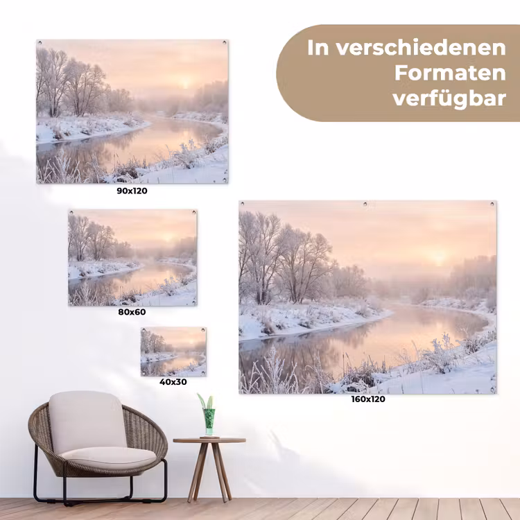 Rivier - Winter - Landschap - Sneeuw - Zonsopgang tuinposter los doek klein -Xsfeer9_DE