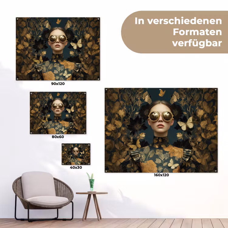 Vrouw - Bladeren - Goud - Vlinders tuinposter los doek klein -Xsfeer9_DE
