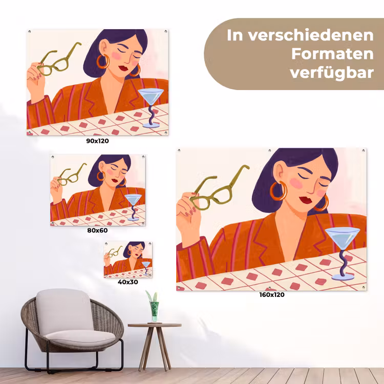 Vrouw - Bril - Cocktail - Illustratie - Modern tuinposter los doek klein -Xsfeer9_DE