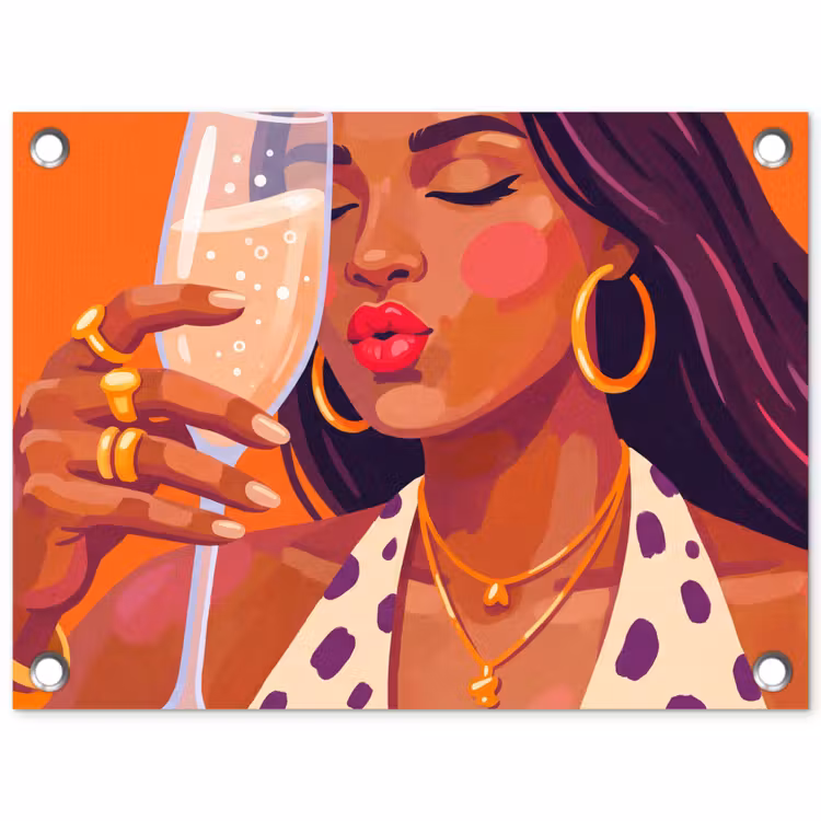 Vrouw - Champagne - Feest - Modern - Oranje tuinposter los doek klein -3d