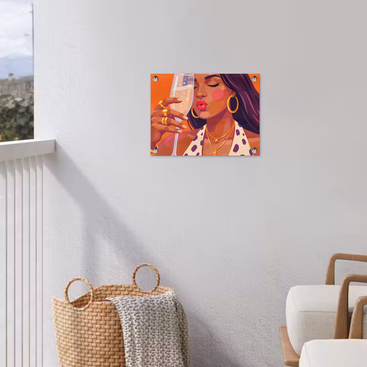 Vrouw - Champagne - Feest - Modern - Oranje tuinposter los doek klein -sfeer8
