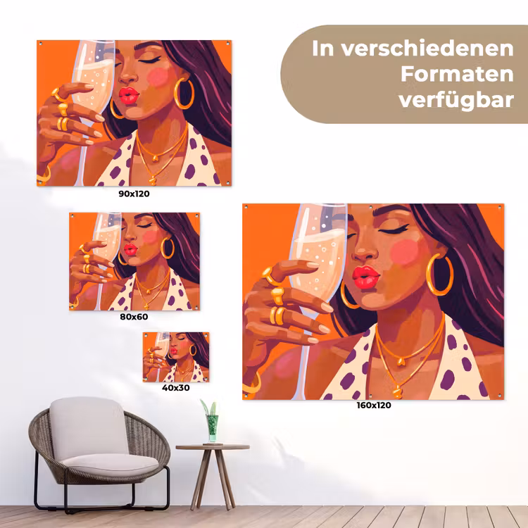 Vrouw - Champagne - Feest - Modern - Oranje tuinposter los doek klein -Xsfeer9_DE