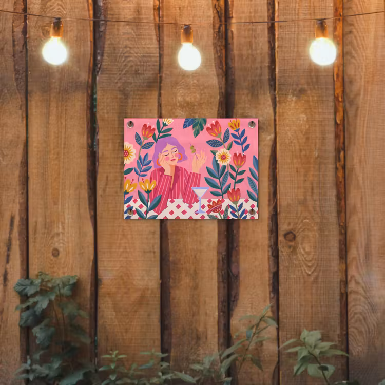 Vrouw - Cocktail - Bloemen - Modern - Roze tuinposter los doek klein -sfeer1