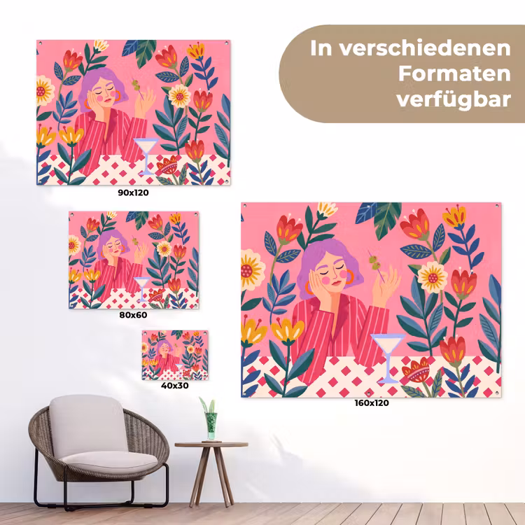 Vrouw - Cocktail - Bloemen - Modern - Roze tuinposter los doek klein -Xsfeer9_DE