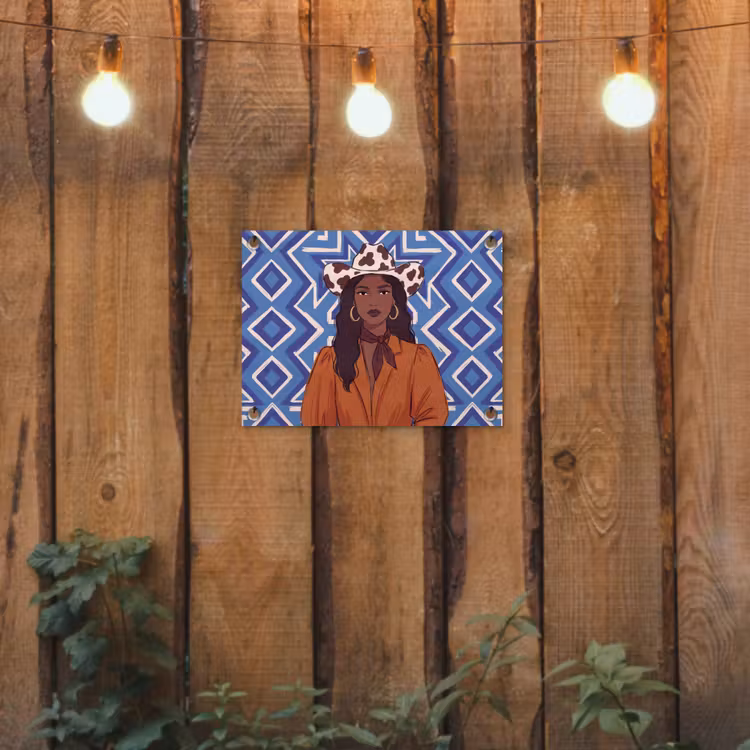 Vrouw - Cowboyhoed - Portret - Modern - Blauw tuinposter los doek klein -sfeer1