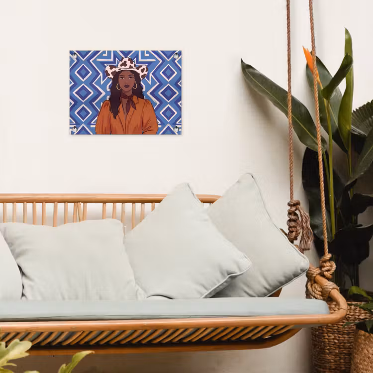 Vrouw - Cowboyhoed - Portret - Modern - Blauw tuinposter los doek klein -sfeer7