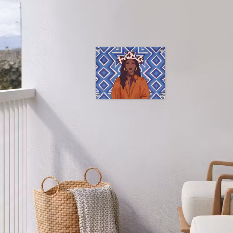 Vrouw - Cowboyhoed - Portret - Modern - Blauw tuinposter los doek klein -sfeer8