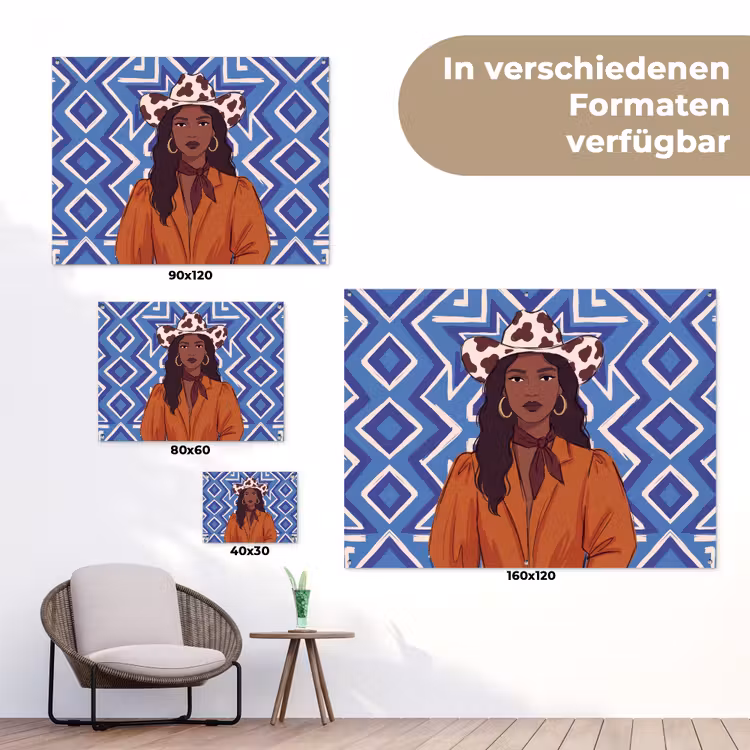 Vrouw - Cowboyhoed - Portret - Modern - Blauw tuinposter los doek klein -Xsfeer9_DE