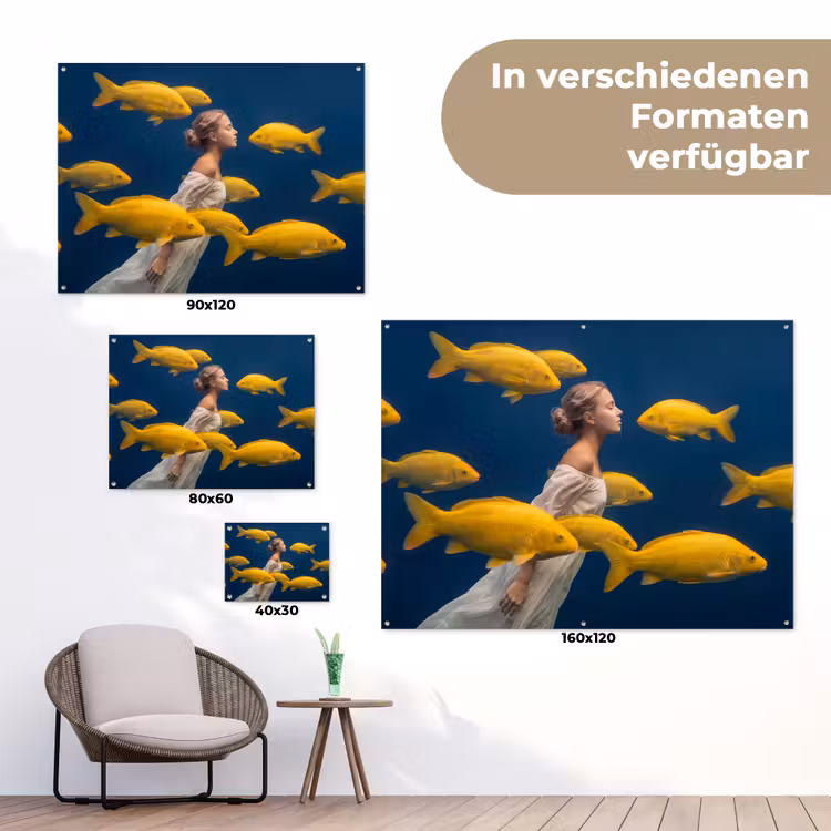Vrouw - Vis - Water - Natuur - Geel tuinposter los doek klein -Xsfeer9_DE