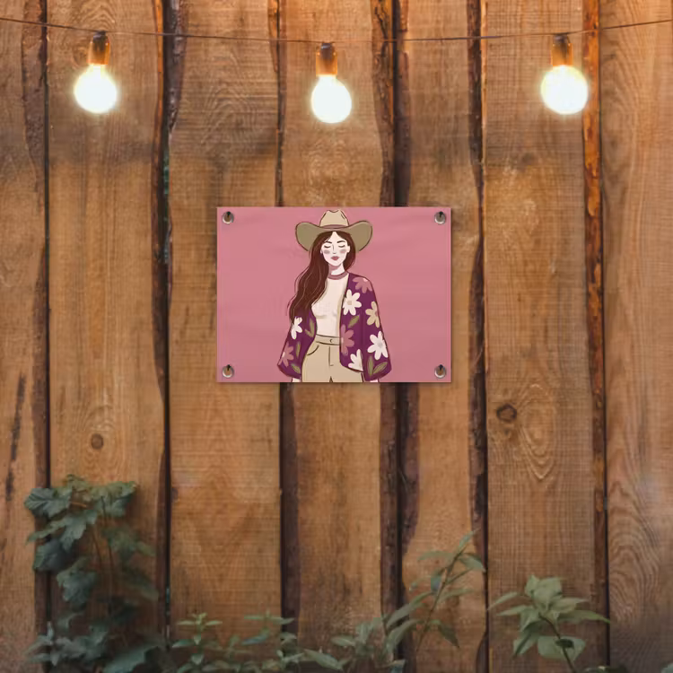 Vrouw - Hoed - Portret - Illustratie - Roze tuinposter los doek klein -sfeer1