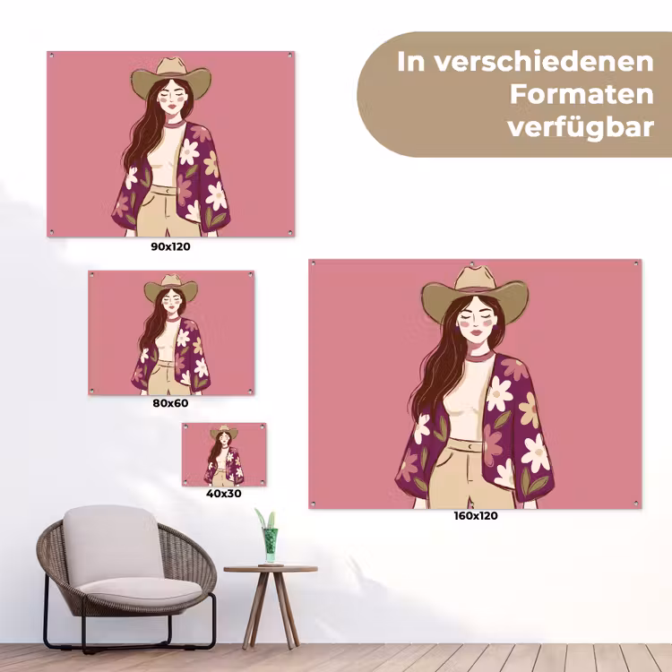 Vrouw - Hoed - Portret - Illustratie - Roze tuinposter los doek klein -Xsfeer9_DE