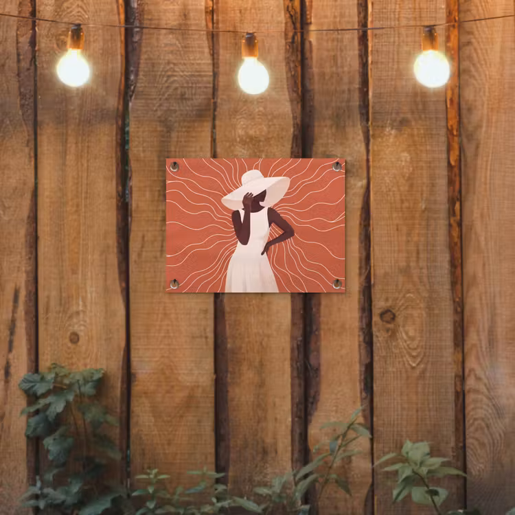 Vrouw - Hoed - Portret - Modern - Beige tuinposter los doek klein -sfeer1