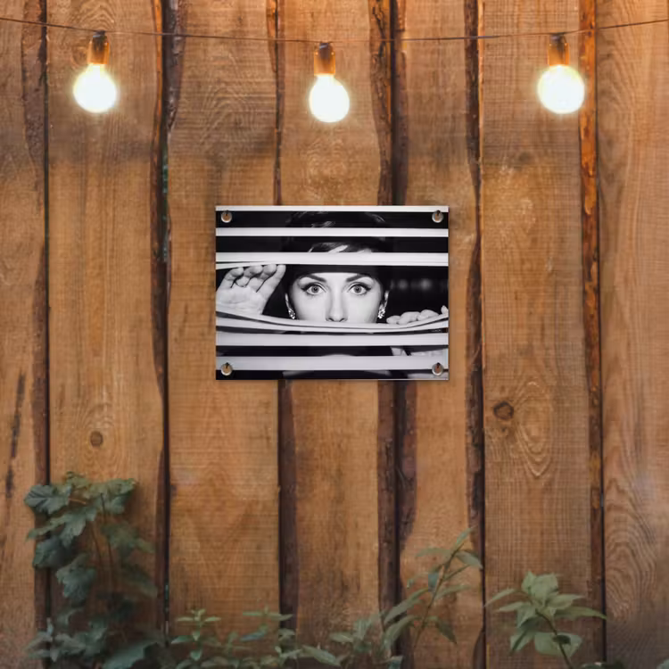 Vrouw - Jaloezieën - Portret - Zwart-wit tuinposter los doek klein -sfeer1