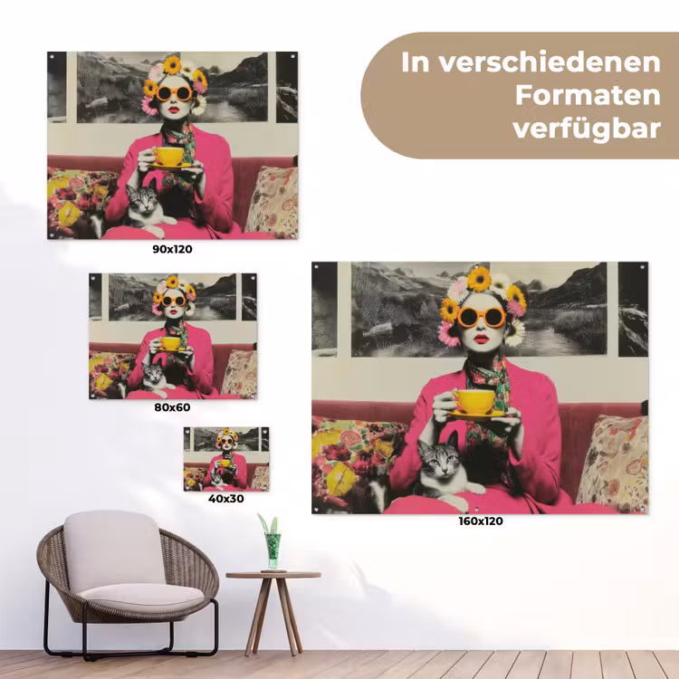 Vrouw - Kat - Bloemen - Kopje - Retro tuinposter los doek klein -Xsfeer9_DE