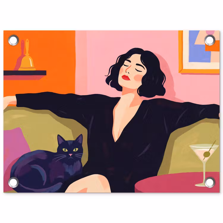 Vrouw - Kat - Interieur - Modern - Kleurrijk tuinposter los doek klein -3d