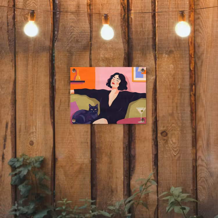 Vrouw - Kat - Interieur - Modern - Kleurrijk tuinposter los doek klein -sfeer1