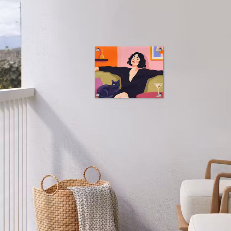 Vrouw - Kat - Interieur - Modern - Kleurrijk tuinposter los doek klein -sfeer8
