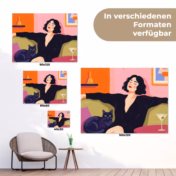 Vrouw - Kat - Interieur - Modern - Kleurrijk tuinposter los doek klein -Xsfeer9_DE