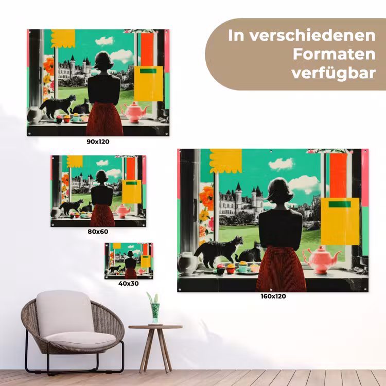 Vrouw - Keuken - Katten - Doorkijk tuinposter los doek klein -Xsfeer9_DE