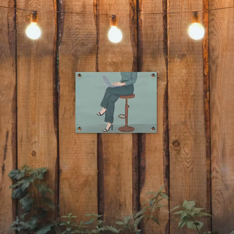 Vrouw - Laptop - Zittend - Illustratie - Groen tuinposter los doek klein -sfeer1