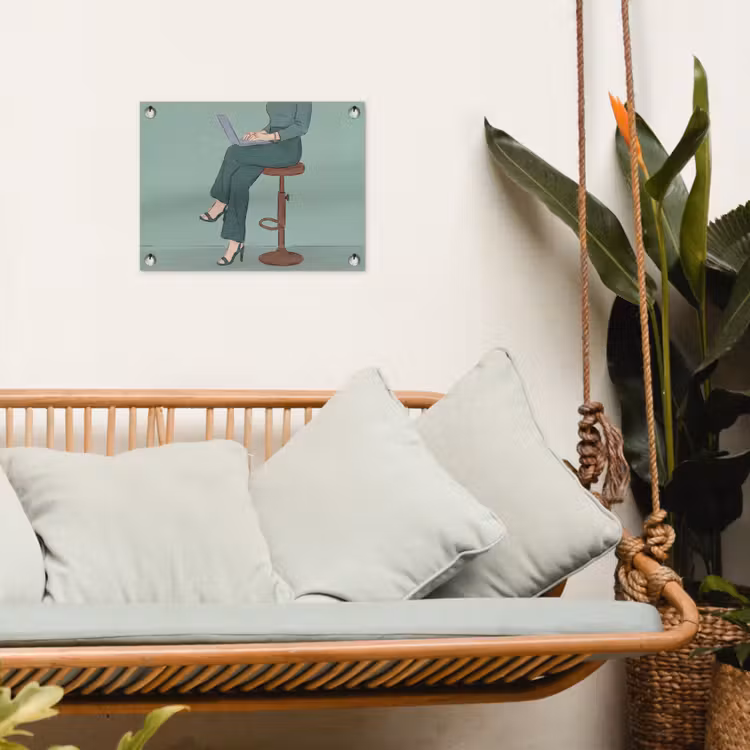 Vrouw - Laptop - Zittend - Illustratie - Groen tuinposter los doek klein -sfeer7