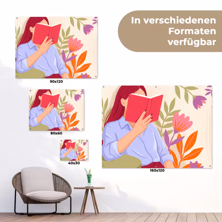 Vrouw - Lezen - Thuis - Modern - Bloemen tuinposter los doek klein -Xsfeer9_DE