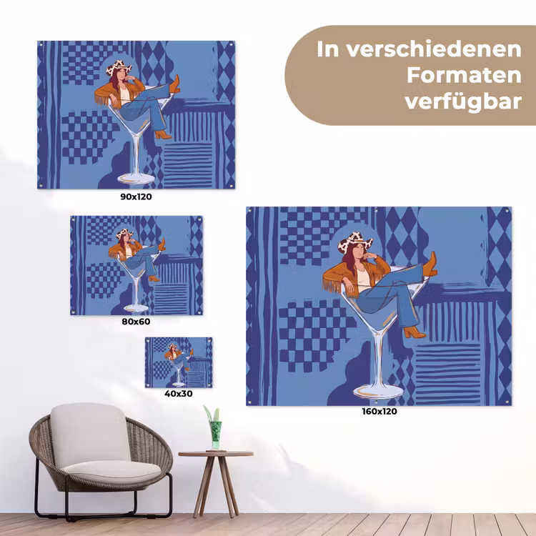 Vrouw - Martini glas - Abstract - Blauw - Kunst tuinposter los doek klein -Xsfeer9_DE