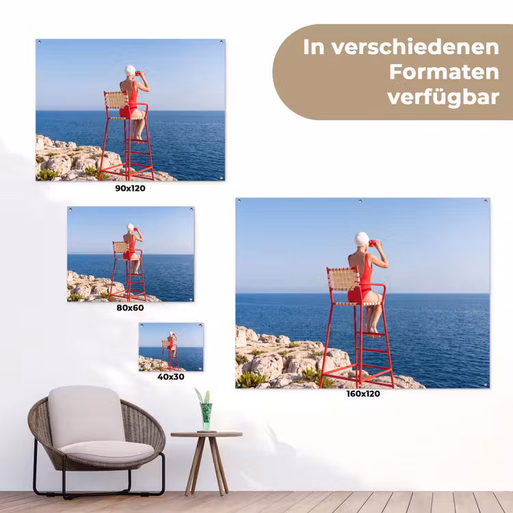 Vrouw - Zee - Kust - Verrekijker - Rood tuinposter los doek klein -Xsfeer9_DE