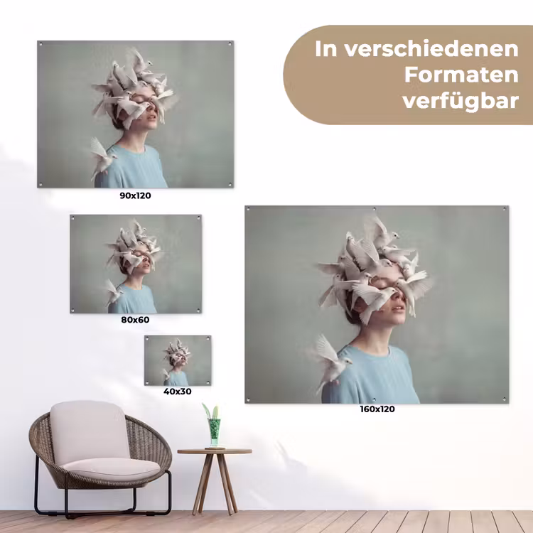 Vrouw - Vogels - Abstract - Modern - Wit tuinposter los doek klein -Xsfeer9_DE