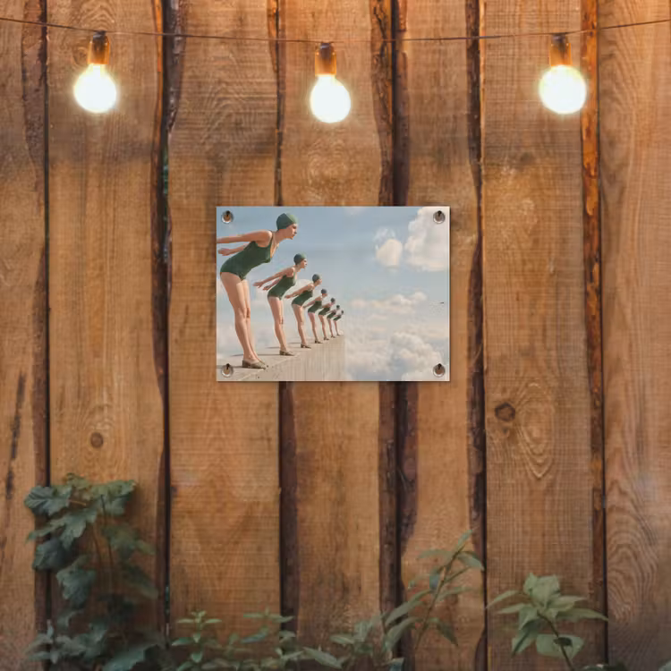 Gartenposter - Frauen – Tauchhaltung – Wolken - Vrouwen - Duikhouding - Wolken tuinposter los doek klein